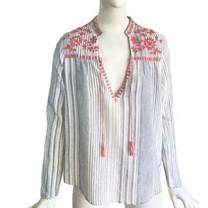 LOVESTITCH Bohemian Hippie Stripe Embroidered Tie Neck Cotton Gauze Top Sz M